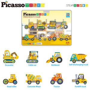 PicassoTiles - 8 Piece Construction Vehicle Magnetic Tileset