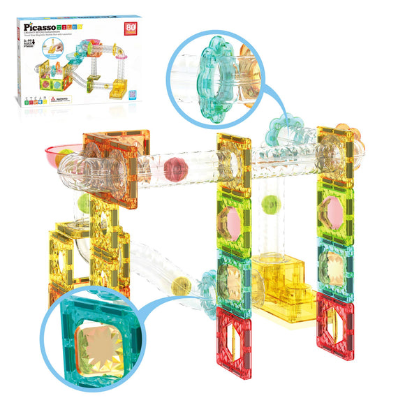 PicassoTiles -  80 Piece Marble Run Magnetic Tileset - Travel Size