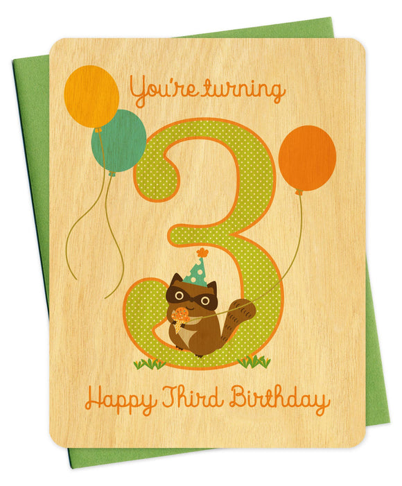 Three Raccoon Wood Third Birthday Card