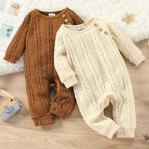 Solid Cable Knit Long-sleeve Jumpsuit