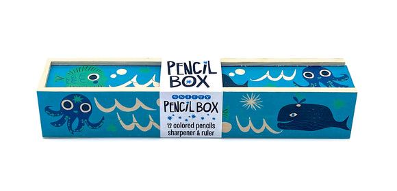 Wooden Pencil Box with 12 Colored Pencils -Ocean Friends