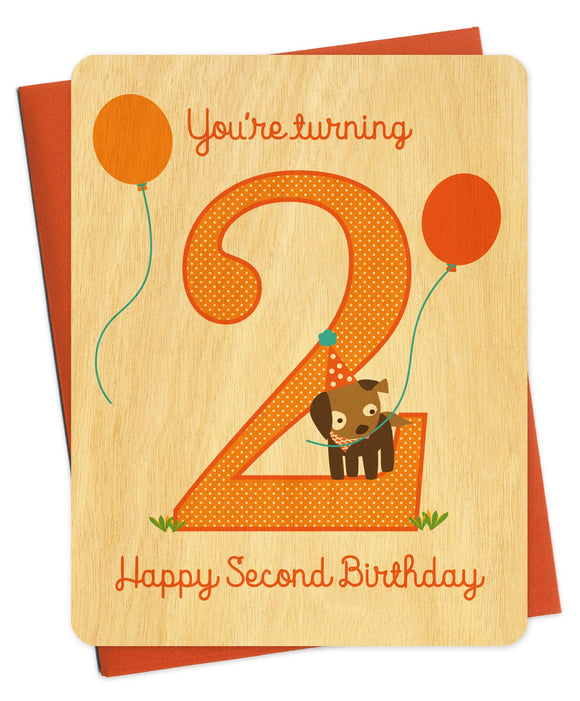 Two Pup Wood Second Birthday Card