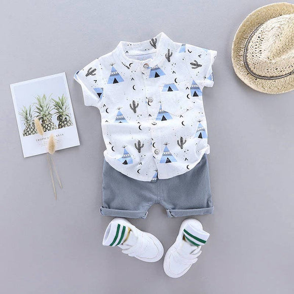 Cactus Print Short-sleeve Shirt and Pants Set: Blue / 6-9 Months