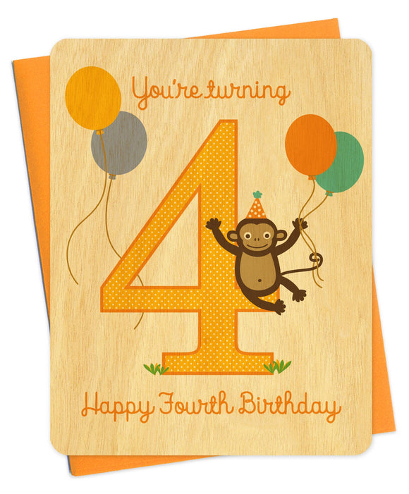 Four Monkey Wood Fourth Birthday Card